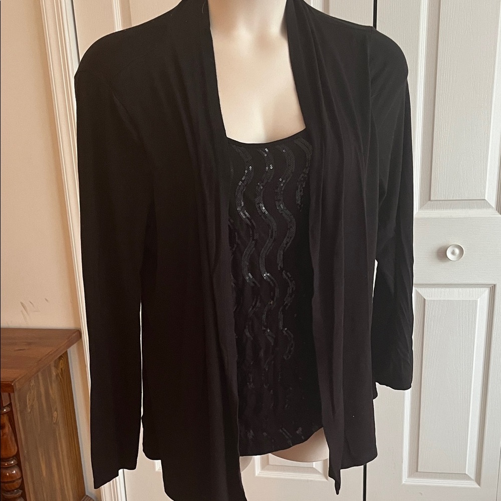 Charter Club Black Women's Sequined Top with Attached Cardigan